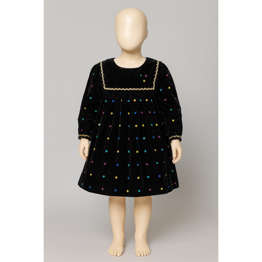 Vintage 80s Sabrina Black Velvet Polka Dot Girls Party Dress USA Size 6 Gold Tri